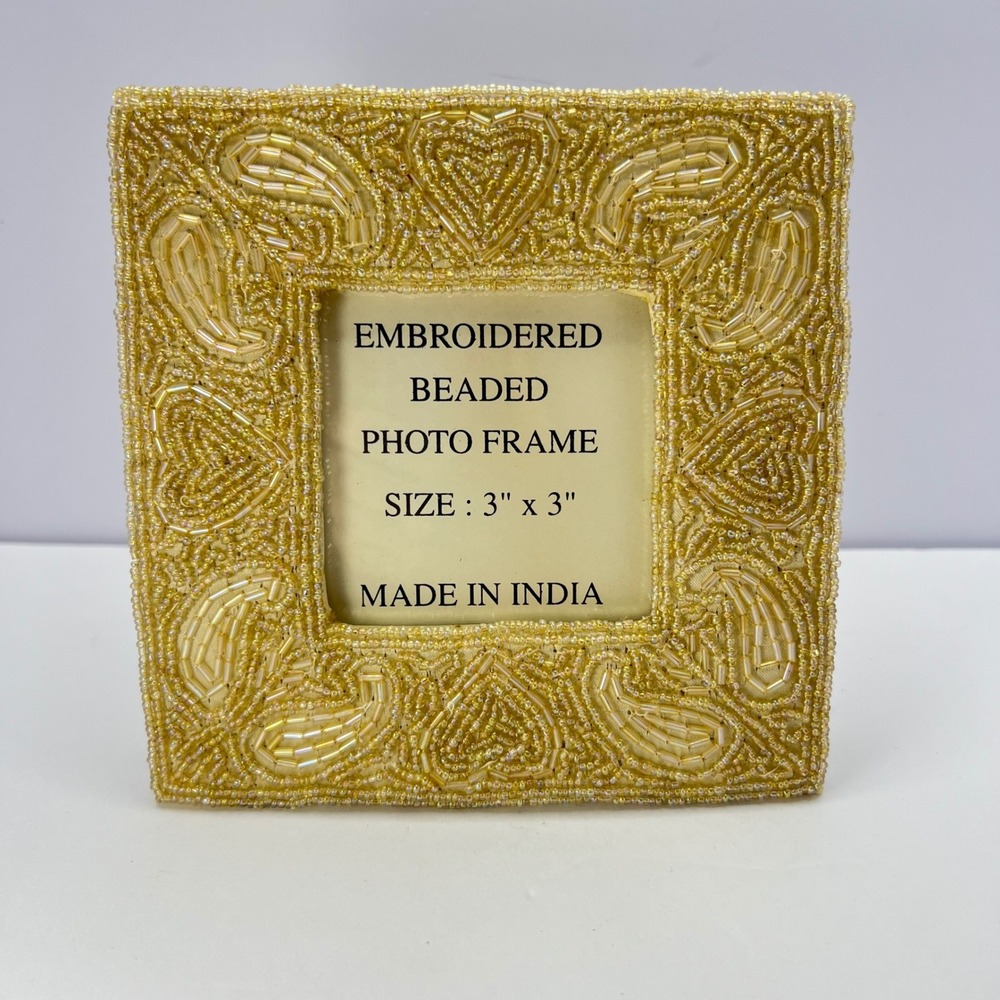 Vintage Gold Embroidered Beaded Photo Frame 3x3 Inside 6x6 Out Paisley Boho Gift